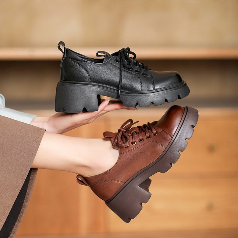 British Style 55mm Chunky Platform Oxford Shoes Cow Leather Lace-Up Loafers in Black/Brown
