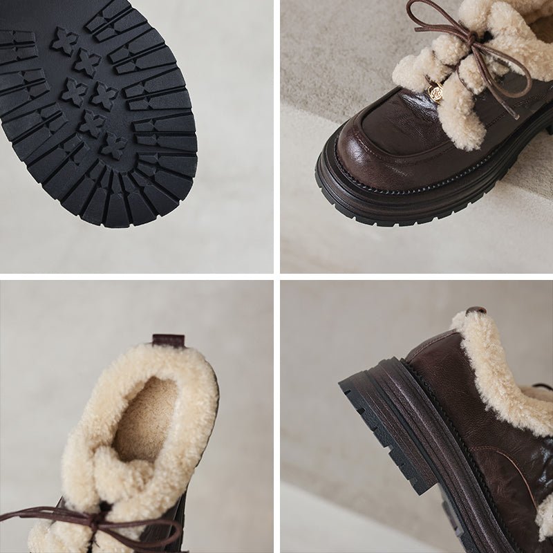 Winter Shaggy Platform Oxford Shoes Lace-Up Sheepskin Leather Casual Shoes in Black/Brown - Image 10